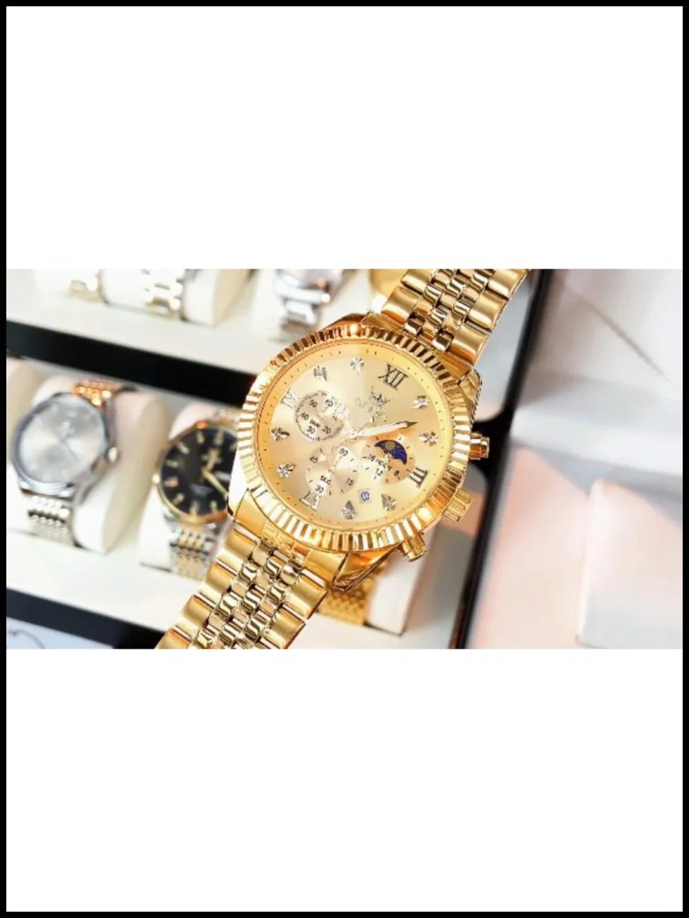 Mens Chronograph Moon Phase Stainless Steel Wrist Watch